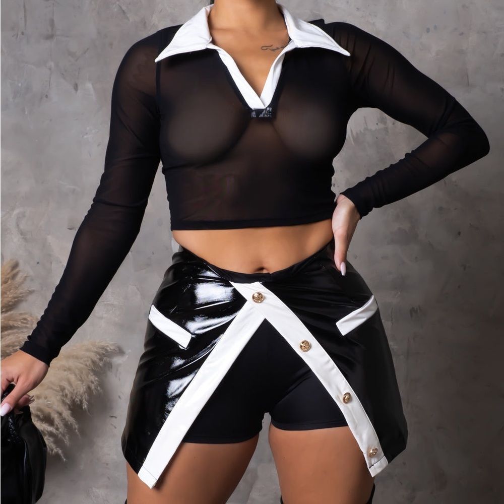 Black & White Mesh Top & Shirt/Skirt Set